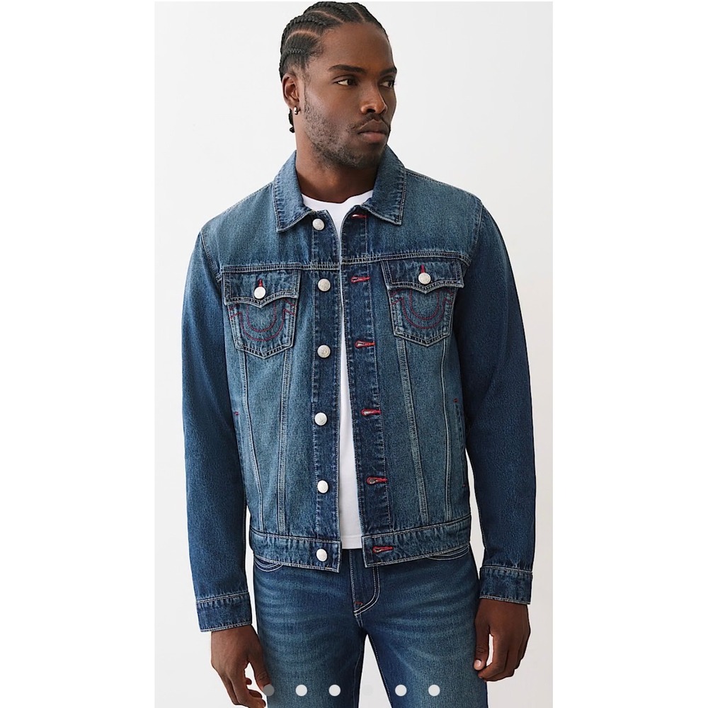 True Religion Denim Trucker Jacket Mens Large Medium Blue Quartz Wash Print NEW